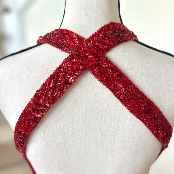 Vintage Y2K Cache Silk Red Beaded Backless Maxi Slit Gown - Picture 4 of 12